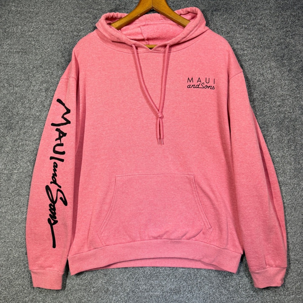 Maui and Sons Hoodie Mens L Pink Heather Graphic Pullover Surf Sweatshirt